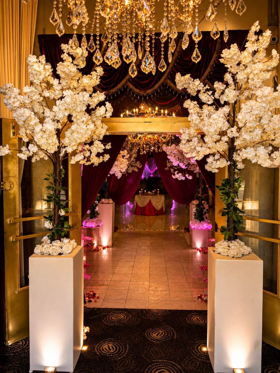 Entrada con árboles de flores y candelabro de cristal