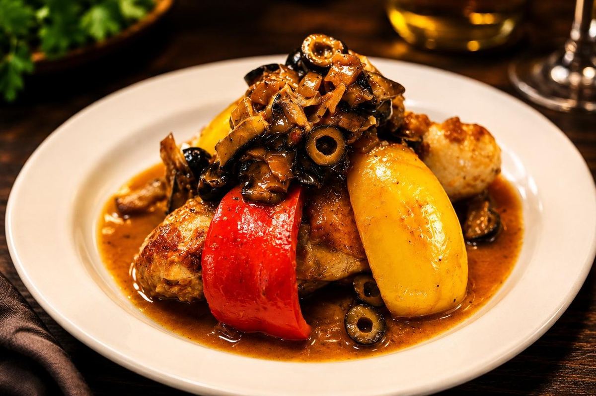 Cacciatore con pimientos, aceitunas y champiñones