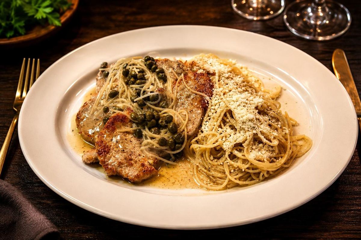 Pechuga al limón con alcaparras y pasta