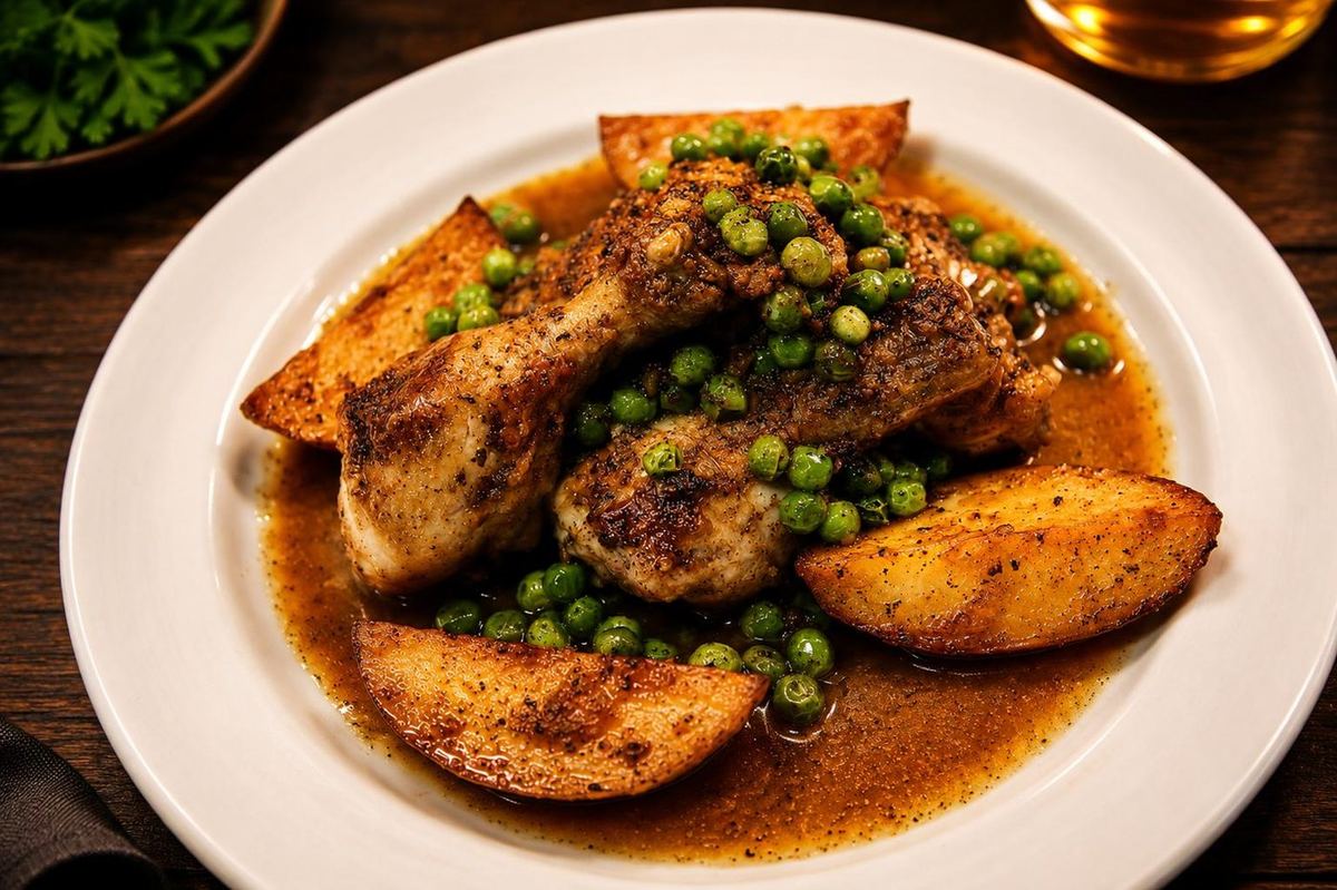 Pechuga de pollo Vesuvio con papas y chícharos
